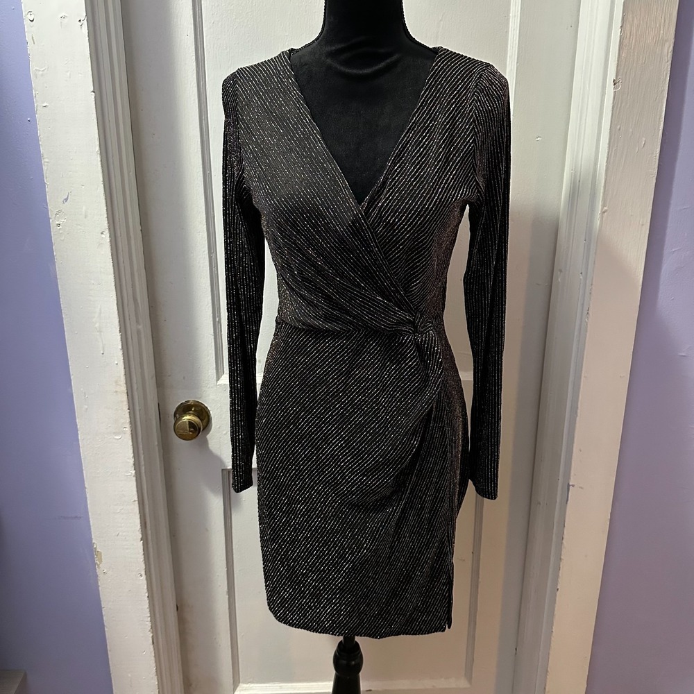 ROW A Black Metallic Stripped Long Sleeve Dress in L NWT